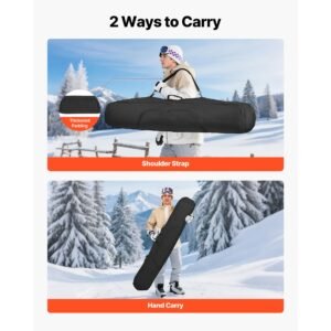 snowboard bag, up to 65 in/165 cm, padded skis & snowboards bag for air travel, 600d waterproof oxford fabric, with adjustable inner straps, for skis poles goggles gloves helmet boots (black)