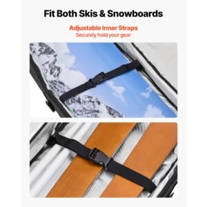 snowboard bag, up to 65 in/165 cm, padded skis & snowboards bag for air travel, 600d waterproof oxford fabric, with adjustable inner straps, for skis poles goggles gloves helmet boots (black)