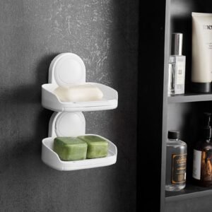 soap holder for shower, double layer with suction cup, wall mounted no drilling, strong suction bar soap sponge holder, self draining soap saver, for shower bathroom bathtub kitchen, removable