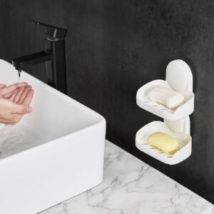 soap holder for shower, double layer with suction cup, wall mounted no drilling, strong suction bar soap sponge holder, self draining soap saver, for shower bathroom bathtub kitchen, removable