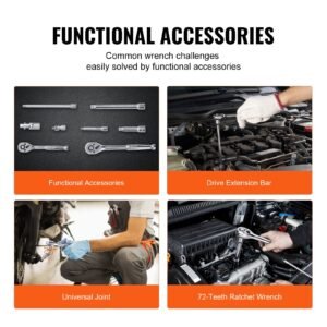 socket set, 1/4" and 3/8" drive socket and ratchet set, 6 point socket opening, 106 pcs tool set sae and metric, deep and standard sockets, 5/32 1 in, 5 19 mm, with accessories, storage case