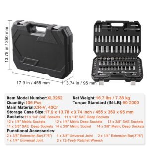 socket set, 1/4" and 3/8" drive socket and ratchet set, 6 point socket opening, 106 pcs tool set sae and metric, deep and standard sockets, 5/32 1 in, 5 19 mm, with accessories, storage case