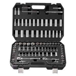 socket set, 1/4" and 3/8" drive socket and ratchet set, 6 point socket opening, 106 pcs tool set sae and metric, deep and standard sockets, 5/32 1 in, 5 19 mm, with accessories, storage case
