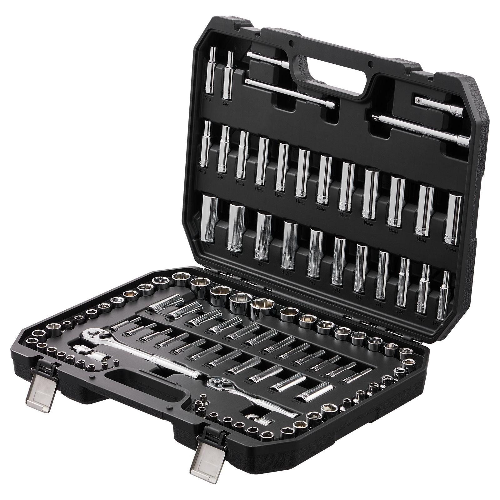 socket set, 1/4" and 3/8" drive socket and ratchet set, 6 point socket opening, 106 pcs tool set sae and metric, deep and standard sockets, 5/32 1 in, 5 19 mm, with accessories, storage case