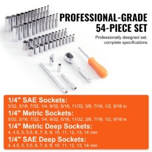 socket set, 1/4 inch drive socket and ratchet set, 6 point socket opening, 54 pieces tool set sae and metric, deep and standard sockets, 5/32 9/16 in, 4 14 mm, with accessories, storage case