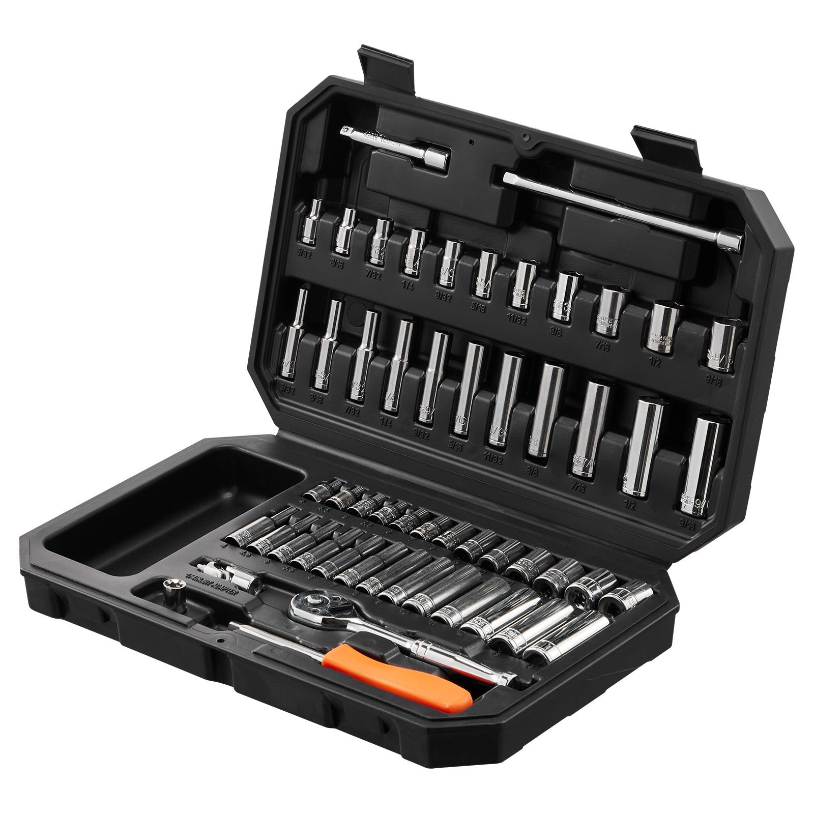 socket set, 1/4 inch drive socket and ratchet set, 6 point socket opening, 54 pieces tool set sae and metric, deep and standard sockets, 5/32 9/16 in, 4 14 mm, with accessories, storage case