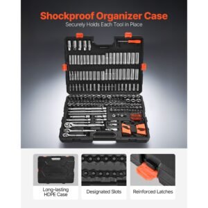 socket set, 225 pieces, 3/8 & 1/4 & 1/2 inch drive socket and ratchet set, sae and metric, deep and shallow, mechanic tool kit with bits, accessories, storage case, cr v alloy steel, for repair