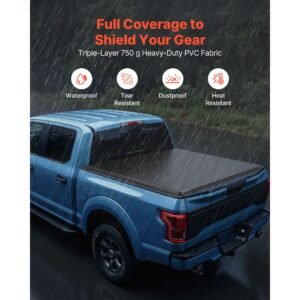 soft roll up truck bed tonneau cover, compatible with 2015 2025 ford f 150, fits 5.6 ft (5 ft 7 in/67 in) bed, triple layer heavy duty pvc tonneau cover with three aluminum alloy support bars