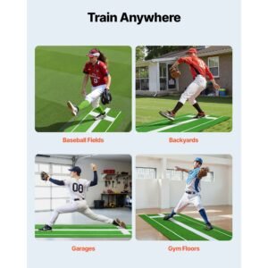 softball pitching mat, 10x3 ft baseball pitching rubber mound, antifade turf and antislip foam backing portable training aid, fastpitch equipment for pitchers indoor outdoor practice, green