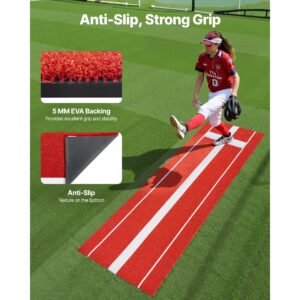 softball pitching mat, 10x3 ft baseball pitching rubber mound, antifade turf and antislip foam backing portable training aid, fastpitch equipment for pitchers indoor outdoor practice, red