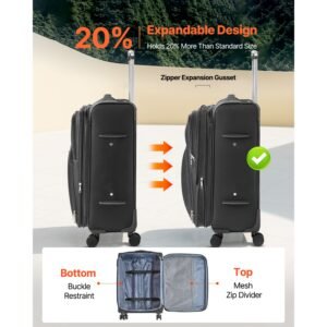 softside expandable luggage with spinner wheels, 24 inch softside checked medium luggage, lightweight checked suitcase with expandable zippered pocket and tsa lock, black