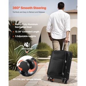 softside expandable luggage with spinner wheels, 24 inch softside checked medium luggage, lightweight checked suitcase with expandable zippered pocket and tsa lock, black