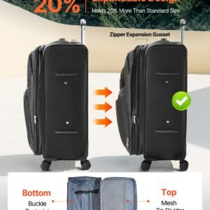 softside expandable luggage with spinner wheels, 28 inch softside checked large luggage, lightweight checked suitcase with expandable zippered pocket and tsa lock, black