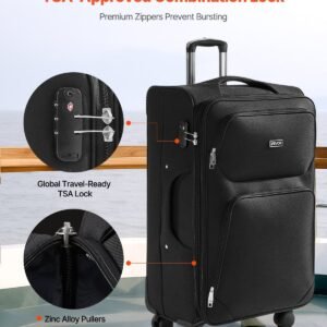 softside expandable luggage with spinner wheels, 28 inch softside checked large luggage, lightweight checked suitcase with expandable zippered pocket and tsa lock, black