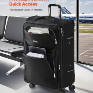 softside expandable luggage with spinner wheels, 28 inch softside checked large luggage, lightweight checked suitcase with expandable zippered pocket and tsa lock, black
