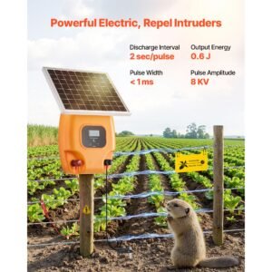 solar fence charger, 1j 10kv solar powered fence charger, 1.86 miles range, electric fence energizer kit, keep out predators, 3 days runtime, for livestock, poultry, garden protection