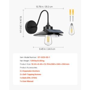 solar outdoor barn light, 3 lighting modes and motion sensor, 1 pack gooseneck light fixture,farmhouse wall sconce, with e26 bulb compatible, waterproof for porch, house, entryway, garage, black