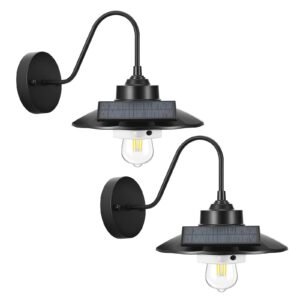 Solar Outdoor Barn Light, 3 Lighting Modes and Motion Sensor, 2-Pack Gooseneck Light Fixture, Farmhouse Wall Sconce, with E27 Bulb Compatible, Waterproof for Porch, House, Entryway, Black