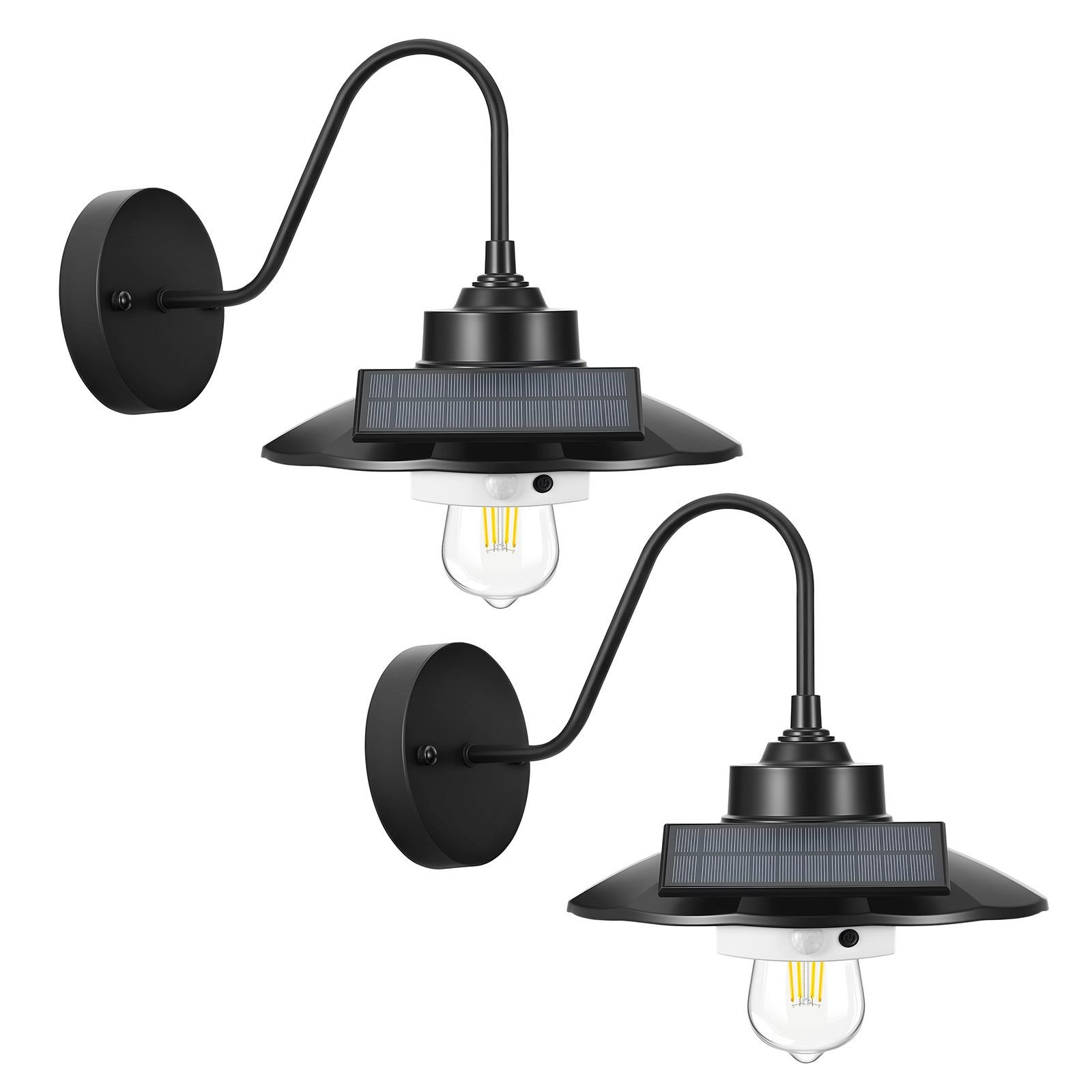 solar outdoor barn light, 3 lighting modes and motion sensor, 2 pack gooseneck light fixture, farmhouse wall sconce, with e27 bulb compatible, waterproof for porch, house, entryway, black