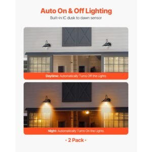 solar outdoor barn light, 3 lighting modes and motion sensor, 2 pack gooseneck light fixture, farmhouse wall sconce, with e27 bulb compatible, waterproof for porch, house, entryway, black