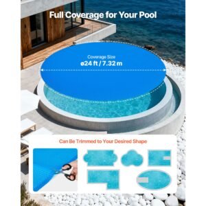 solar pool cover, 24 ft round pool bubble cover, 12 mil pools solar blanket with bubble & pe material, daytime heat absorption, nighttime heat retention, heat retaining solars covers, blue