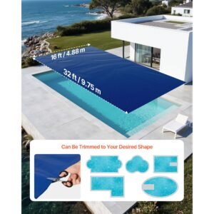 solar pool cover, 32 x 16 ft pool bubble cover, 16 mil pools solar blanket with dual heat locking air layer for pools, daytime heat absorption, nighttime heat retention, blue & silver, cuttable