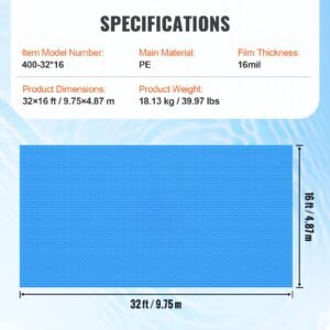 solar pool cover, 32 x 16 ft rectangle solar blanket for pools, inground above ground swimming pool solar cover, 16 mil solar covers blue