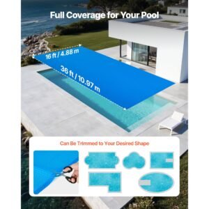 solar pool cover, 36 x 16 ft rectangle pool bubble cover, 12 mil pools solar blanket with bubble & pe material, daytime heat absorption, nighttime heat retention, blue