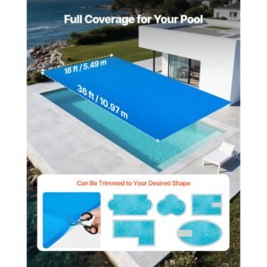 solar pool cover, 36 x 18 ft rectangle pool bubble cover, 8 mil pools solar blanket with pe material, daytime heat absorption, nighttime heat retention, heat retaining solars covers, blue