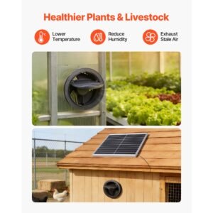 solar powered fan, 20w solar panel with battery storage, 220 cfm airflow, adjustable panel angle, 2030 rpm high speed, fast air exchange for greenhouse, grow tents, chicken coops, shelters