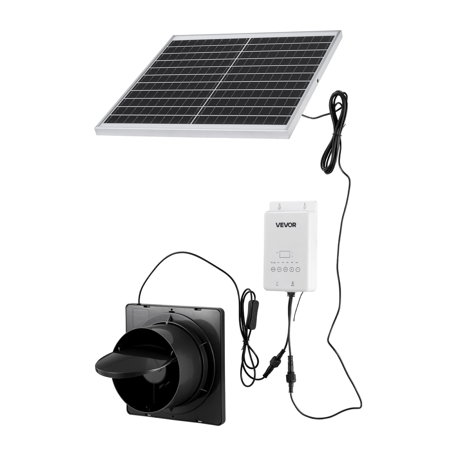 solar powered fan, 20w solar panel with battery storage, 220 cfm airflow, adjustable panel angle, 2030 rpm high speed, fast air exchange for greenhouse, grow tents, chicken coops, shelters