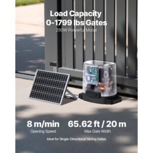 solar sliding gate opener, 280w electric gate opener for doors up to 65.6ft 1799lbs, gear track rolling fence door motor with infrared sensor & 2 remote controls, driveway gates opening system