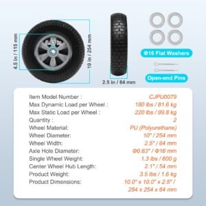 solid pu run flat tire wheel, 10", 2 pack, 180 lbs dynamic load, 220 lbs static load, flat free tubeless tires and wheels for hand truck, utility cart, dollies, garden trailers, various carts