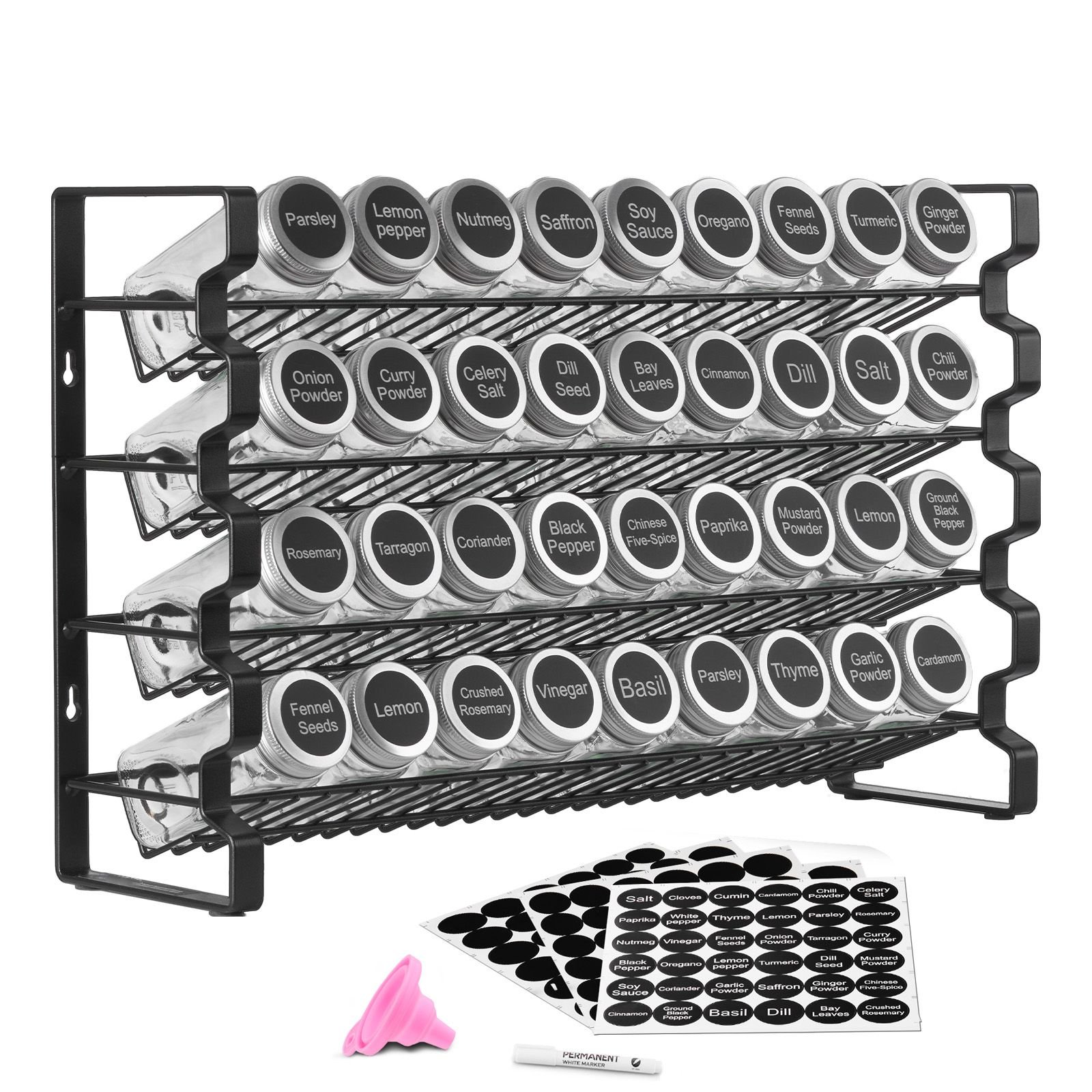 spice rack organizer for cabinet, spice organizer with 36 empty spice jars, lids, spice labels, and funnel complete set, seasoning organizer for countertop, kitchen, pantry, cupboard, 18x11 in