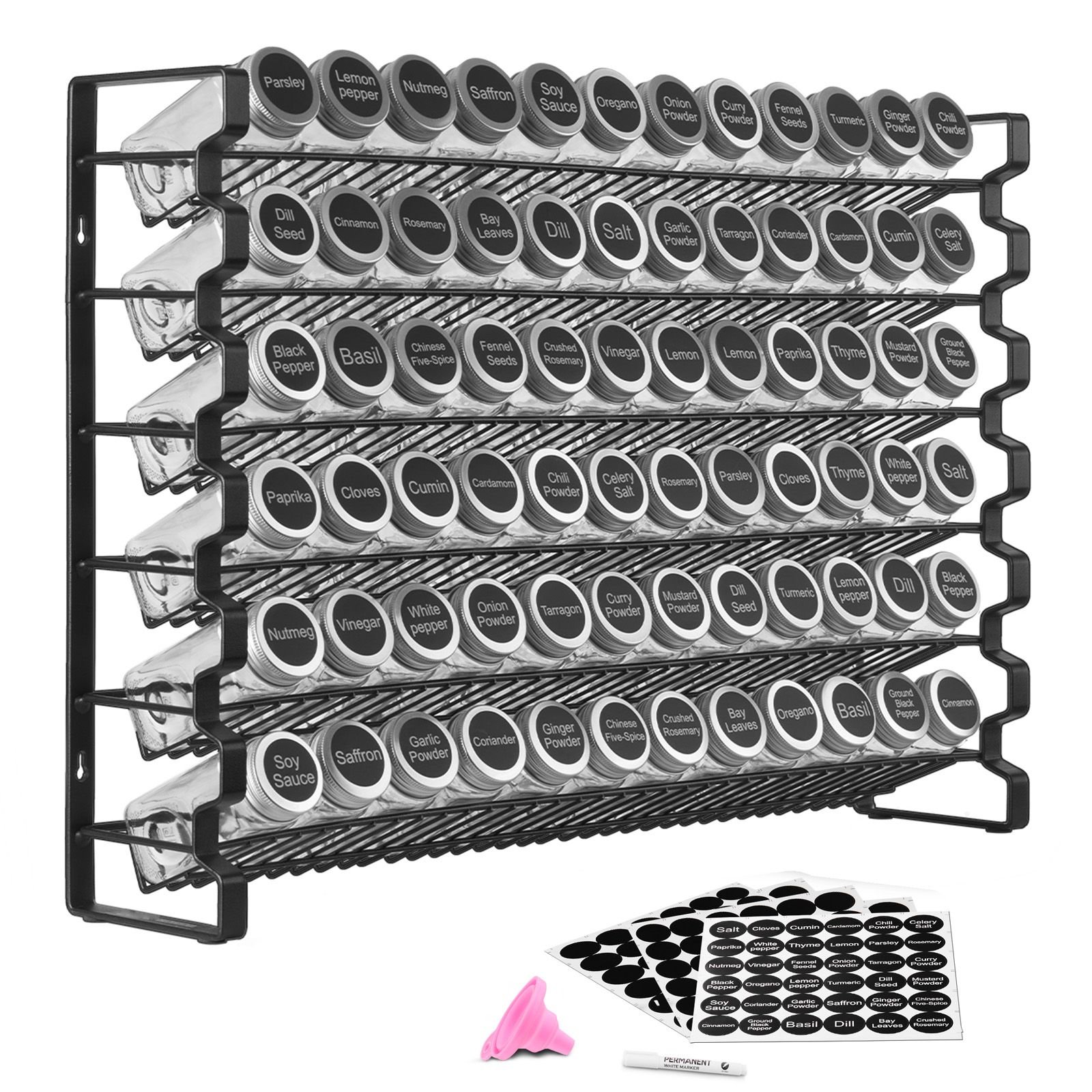 spice rack organizer for cabinet, spice organizer with 72 empty spice jars, lids, spice labels, and funnel complete set, seasoning organizer for countertop, kitchen, pantry, cupboard, 23x16 in