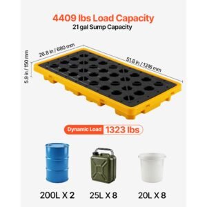 spill containment pallet, 2 drum low profile spill containment modular platform, 21 gallon sump, 4409 lbs load capacity, heavy duty polyethylene tray with drain, 51.8" x 26.8" x 5.9", yellow