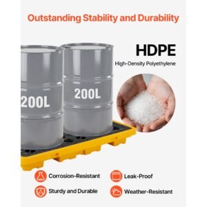 spill containment pallet, 2 drum low profile spill containment modular platform, 21 gallon sump, 4409 lbs load capacity, heavy duty polyethylene tray with drain, 51.8" x 26.8" x 5.9", yellow