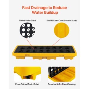spill containment pallet, 2 drum low profile spill containment modular platform, 21 gallon sump, 4409 lbs load capacity, heavy duty polyethylene tray with drain, 51.8" x 26.8" x 5.9", yellow