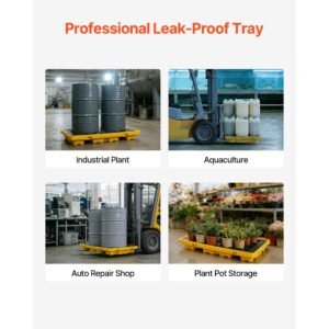 spill containment pallet, 2 drum low profile spill containment modular platform, 21 gallon sump, 4409 lbs load capacity, heavy duty polyethylene tray with drain, 51.8" x 26.8" x 5.9", yellow