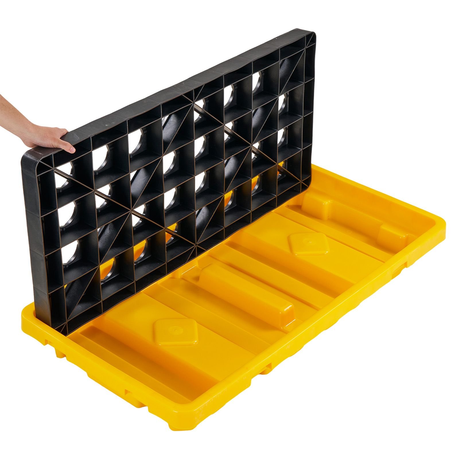 spill containment pallet, 2 drum low profile spill containment modular platform, 21 gallon sump, 4409 lbs load capacity, heavy duty polyethylene tray with drain, 51.8" x 26.8" x 5.9", yellow