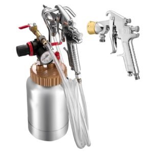 spray paint pressure pot, 0.5 gal/2 l pressure pot paint sprayer, φ1.8mm + φ3mm two spray guns central pneumatic sprays gun with two 9.8 ft/3 m hoses for furniture, car, fence, max 45 psi