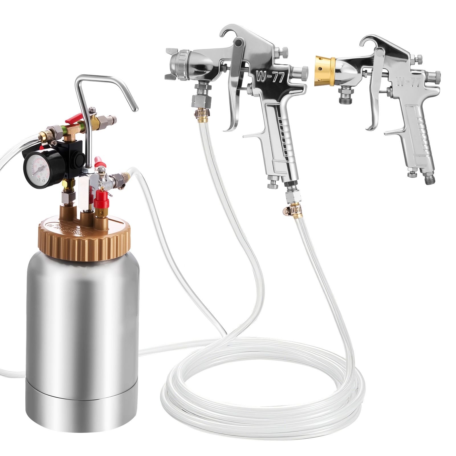 spray paint pressure pot, 0.5 gal/2 l pressure pot paint sprayer, φ1.8mm + φ3mm two spray guns central pneumatic sprays gun with two 9.8 ft/3 m hoses for furniture, car, fence, max 45 psi