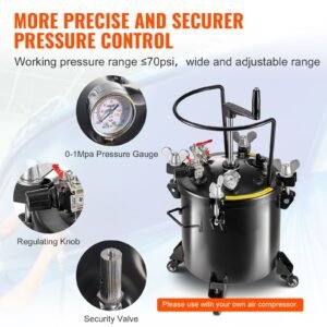 spray paint pressure pot, 20l/5gal pressure pot tank, 70 psi adjustale pressure, steel pressure pot paint tank with casters and leak repair sealant, for home decor and industry painting