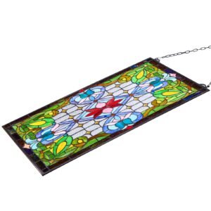 Stained Glass Window Panel, 17 x 29 in, Tiffany Style Hanging Transom Window Panel with Chain, Large Vertical Rectangle Stain Glass, Vintage Traditional Art Handcrafts for Kitchen Home Decor