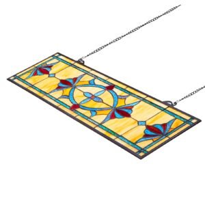 Stained Glass Window Panel, 32 x 10 in, Tiffany Style Hanging Transom Window Panel with Chain, Large Horizontal Rectangle Stain Glass, Vintage Traditional Art Handcrafts for Kitchen Home Decor