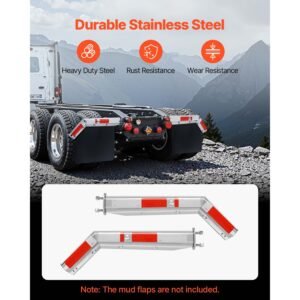 stainless steel angled spring loaded mud flap hangers, 2 1/2" bolt spacing mudflap hangers for semi trucks, 1 pair heavy duty semi truck mud flap hanger set with reflective strips, silver