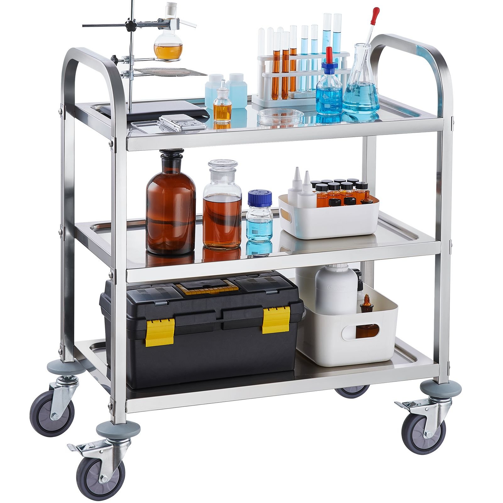 stainless steel cart, 3 layers lab utility cart 400 lbs weight capacity, medical cart with lockable universal wheels, for lab, clinic, kitchen, salon