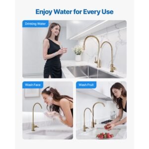 stainless steel faucet, lead free water purifier faucet, filter water faucets with solid brass valve, anti rust & durability ro water faucets for kitchen, bar counter, cafe shop, brushed gold