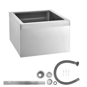 Stainless Steel Floor Mop Sink, 22 x 19 x 12 in, 304 Stainless Steel, with 3-in-1 Filter and Wall-Mounted Bracket, X-Shaped Groove for Quick and Smooth Drainage, for Balcony and Bathroom