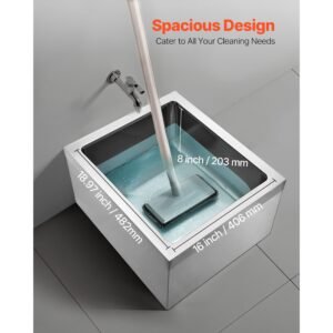 stainless steel floor mop sink, 22 x 19 x 12 in, 304 stainless steel, with 3 in 1 filter and wall mounted bracket, x shaped groove for quick and smooth drainage, for balcony and bathroom